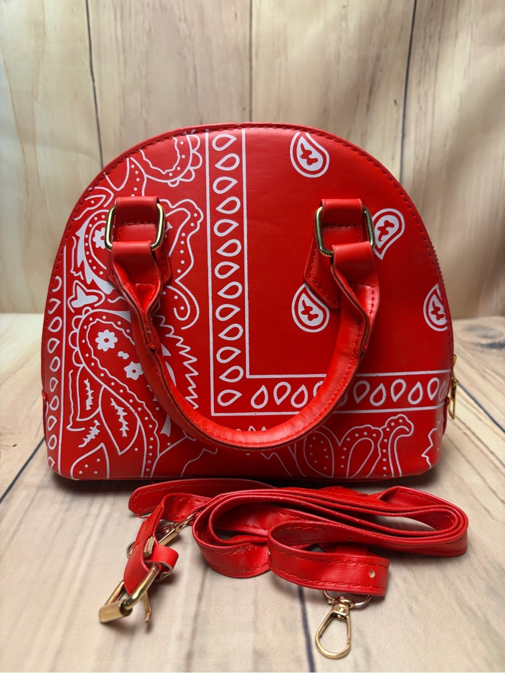 Red Bandana-Print Clutch with Detachable Strap